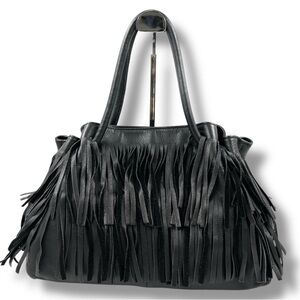 Furla Black Leather Fringe Tote with Silver Accents RARE